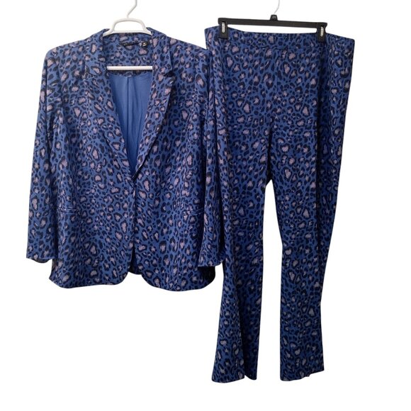 IMAN: 2pc Leopard Print Straight Leg Pantsuit, Size 2X, Blue, Grey, Black - Picture 1 of 11